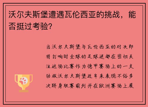 沃尔夫斯堡遭遇瓦伦西亚的挑战，能否挺过考验？